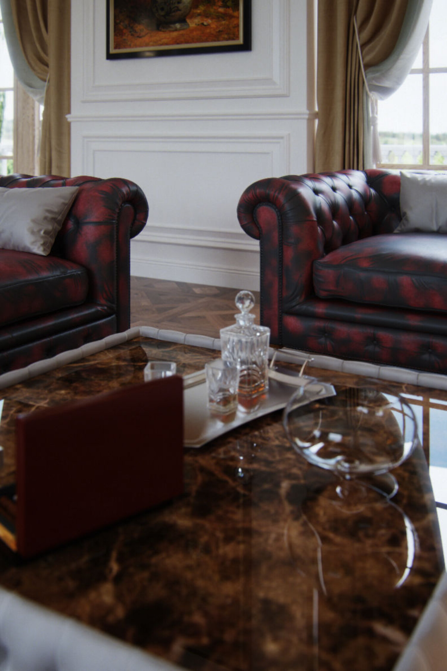 Vintage-design Chesterfield furniture set in red captured in a 3D visualization.