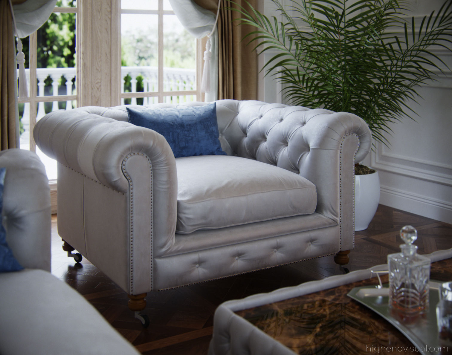 Vintage-design Chesterfield furniture set in silver captured in a 3D visualization.