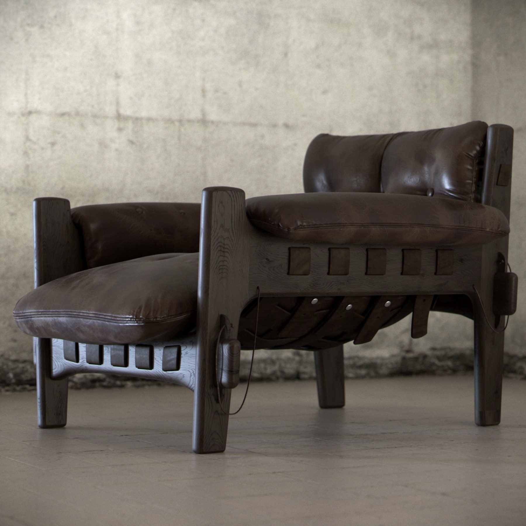 Elegant dark brown leather armchair with modern wooden structure, 3D model created by highendvisual.com in realistic render